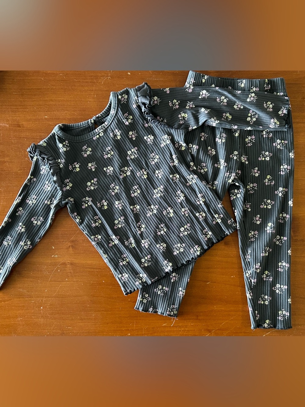 George Charcoal Ribbed PJ Set with Pink & Cream Floral Details